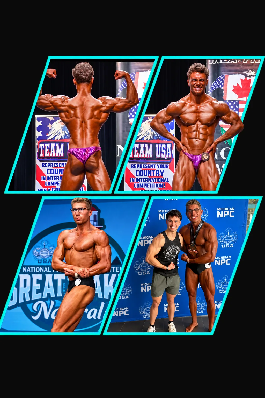 Nick Dosh and a client on stage at NPC and Great Lakes Naturals bodybuilding championships